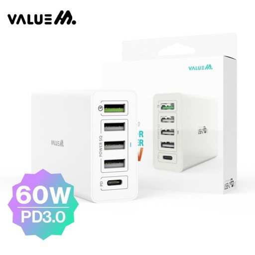 [밸류엠] 가정용 60W 5포트 멀티 고속 충전기(케이블 미포) [BOX (x40EA)단위 구매가능]