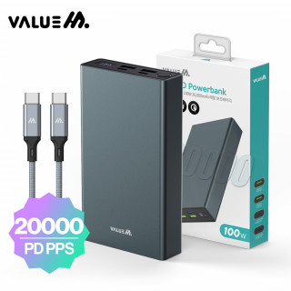 [밸류엠] 초고속 메탈 PD 100W PPS 보조배터리 20000mAh(CtoC 60W 0.5M 패브릭 케이블 포함) [BOX (x20EA)단위 구매가능]